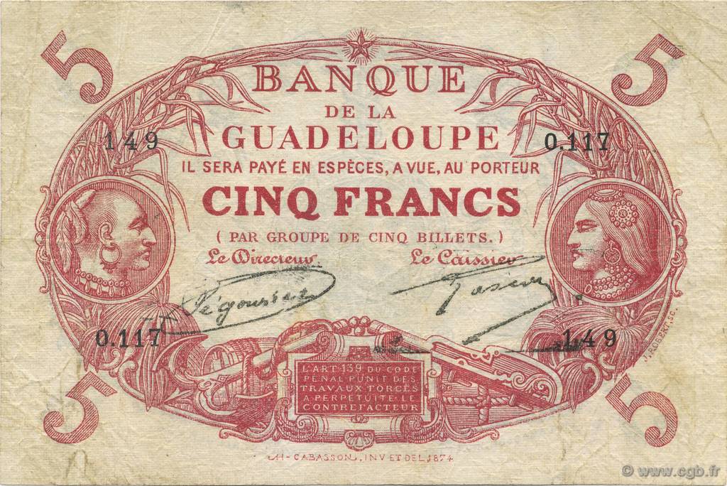 5 Francs Cabasson rouge GUADELOUPE  1930 P.07- TB