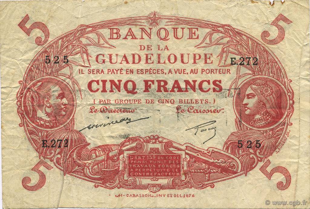 5 Francs Cabasson rouge GUADELOUPE  1944 P.07d TB