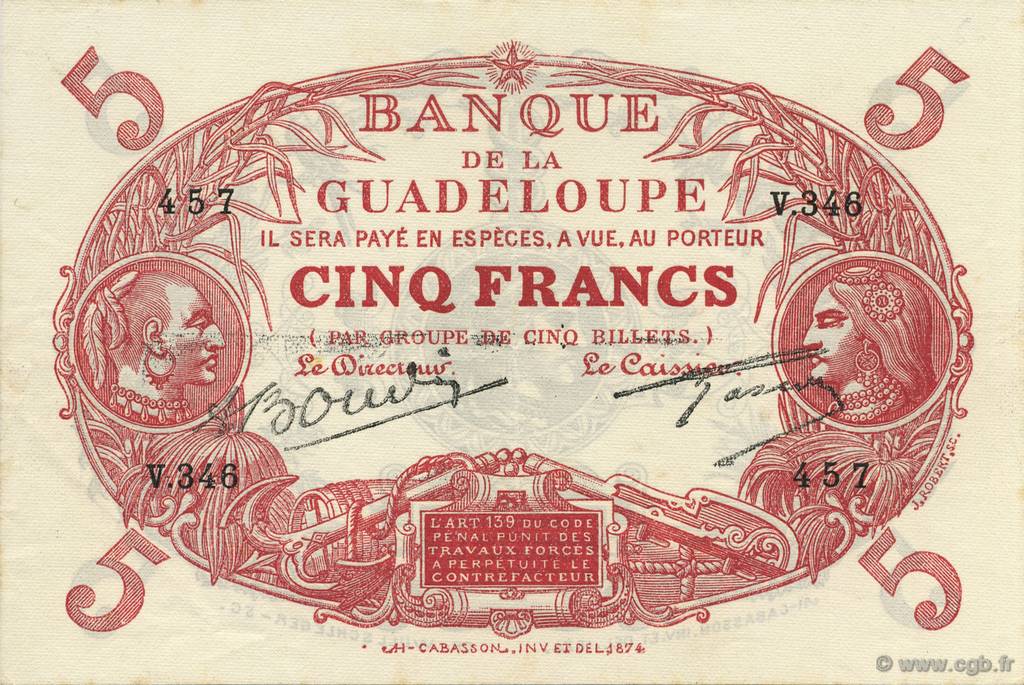 5 Francs Cabasson rouge GUADELOUPE  1945 P.07e SUP