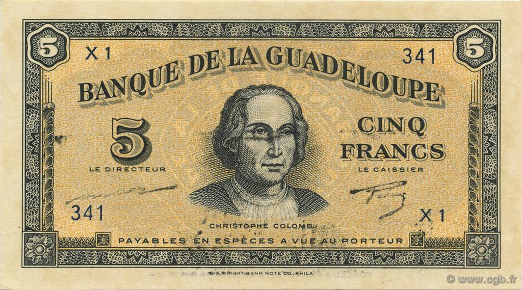 5 Francs GUADELOUPE  1944 P.21a AU