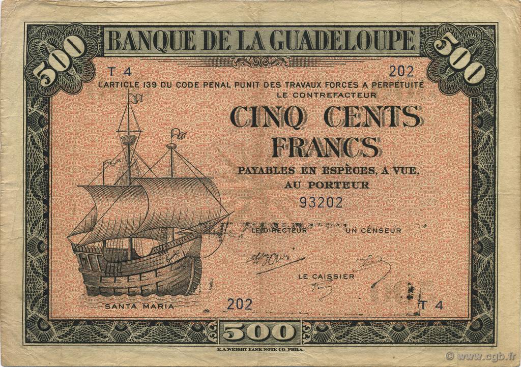 500 Francs GUADELOUPE  1945 P.24c TTB
