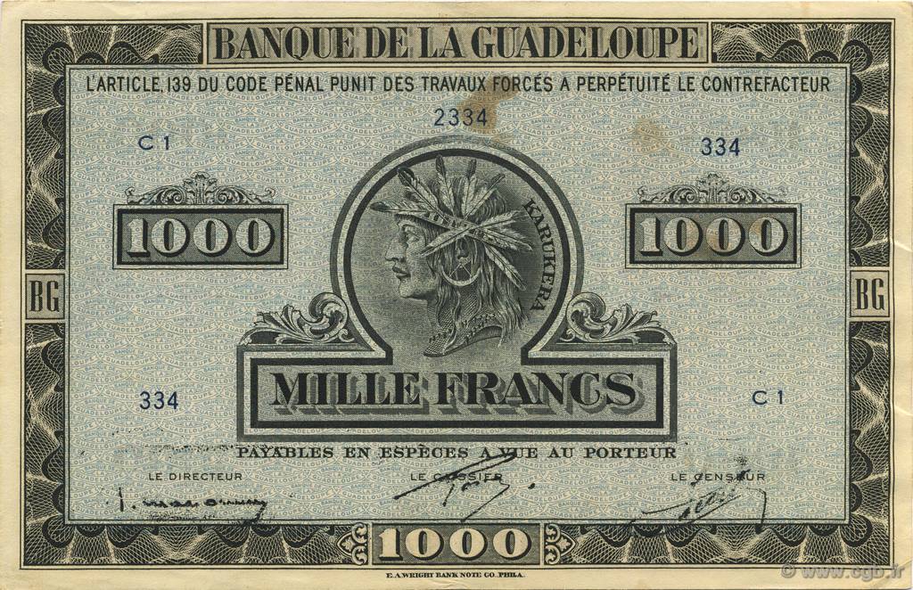 1000 Francs Karukera GUADELOUPE  1943 P.26a TB
