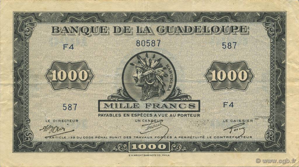 1000 Francs Karukera petit format GUADELOUPE  1945 P.26A TTB à SUP