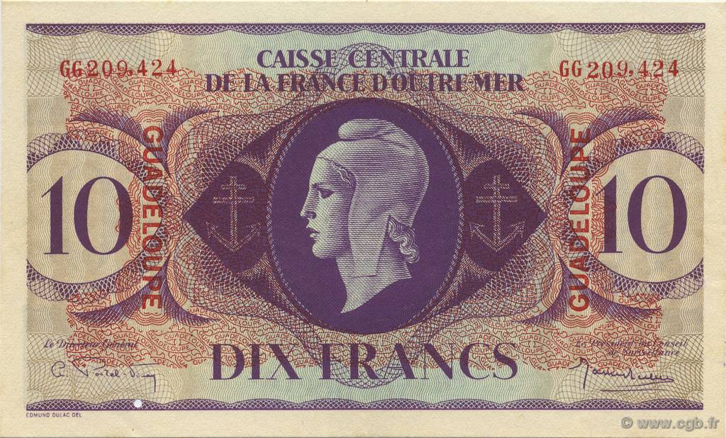 10 Francs GUADELOUPE  1944 P.27a VZ+