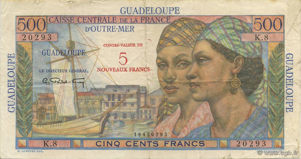 5 NF sur 500 Francs Pointe-à-Pitre GUADELOUPE  1960 P.42 TTB+