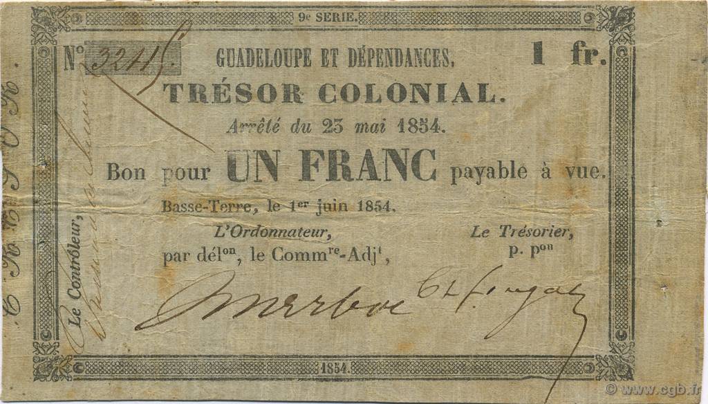 1 Franc GUADELOUPE  1854 P.A12 pr.TTB