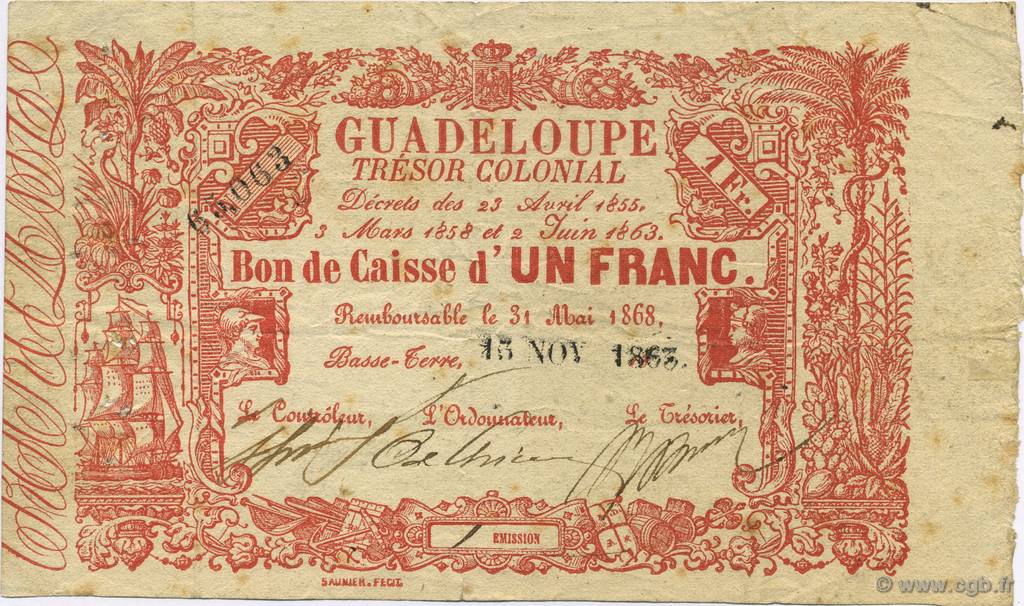 1 Franc GUADELOUPE  1863 P.A13 pr.TTB
