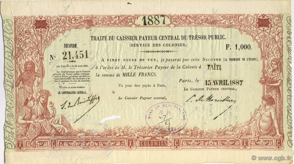 1000 Francs TAHITI  1887 P.-- XF