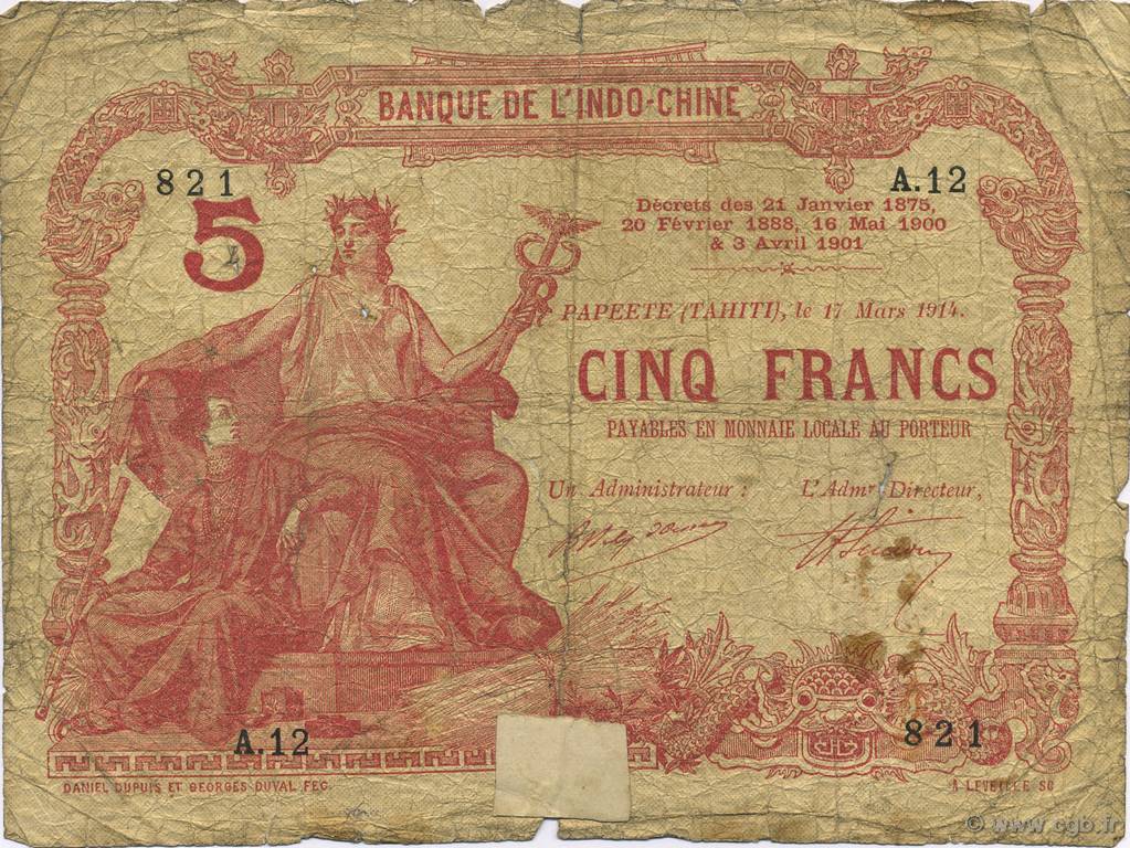 5 Francs TAHITI  1914 P.01a B+