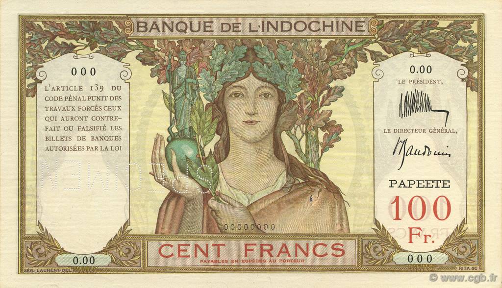 100 Francs Spécimen TAHITI  1939 P.14-s SUP+