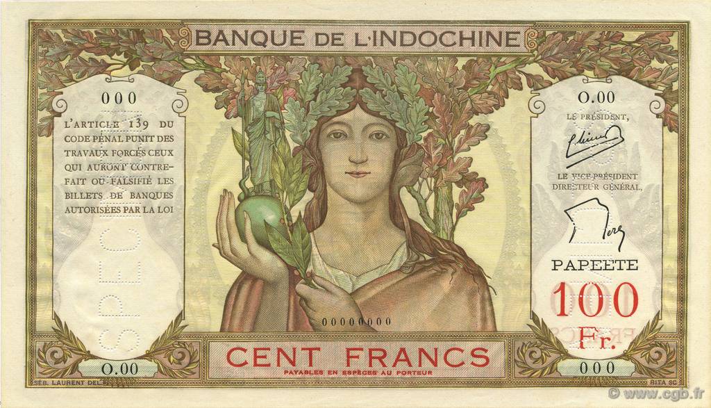 100 Francs TAHITI  1956 P.14cs NEUF