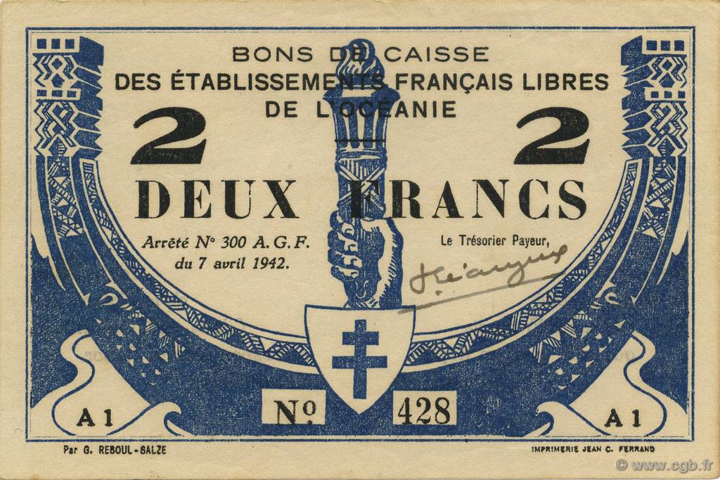 2 Francs OCÉANIE  1942 P.09 SPL