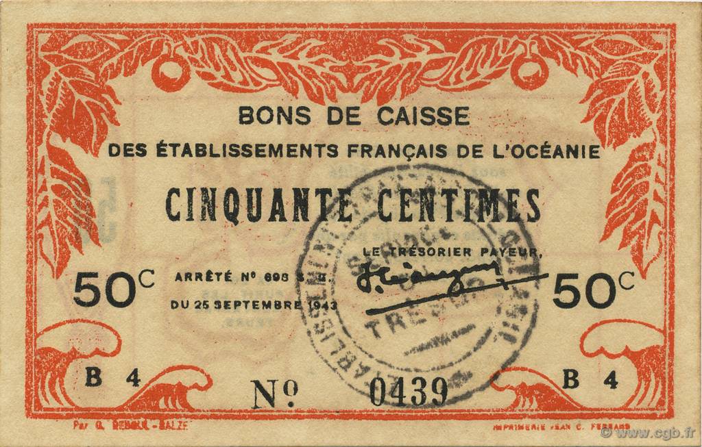 50 Centimes OCÉANIE  1943 P.10a SPL