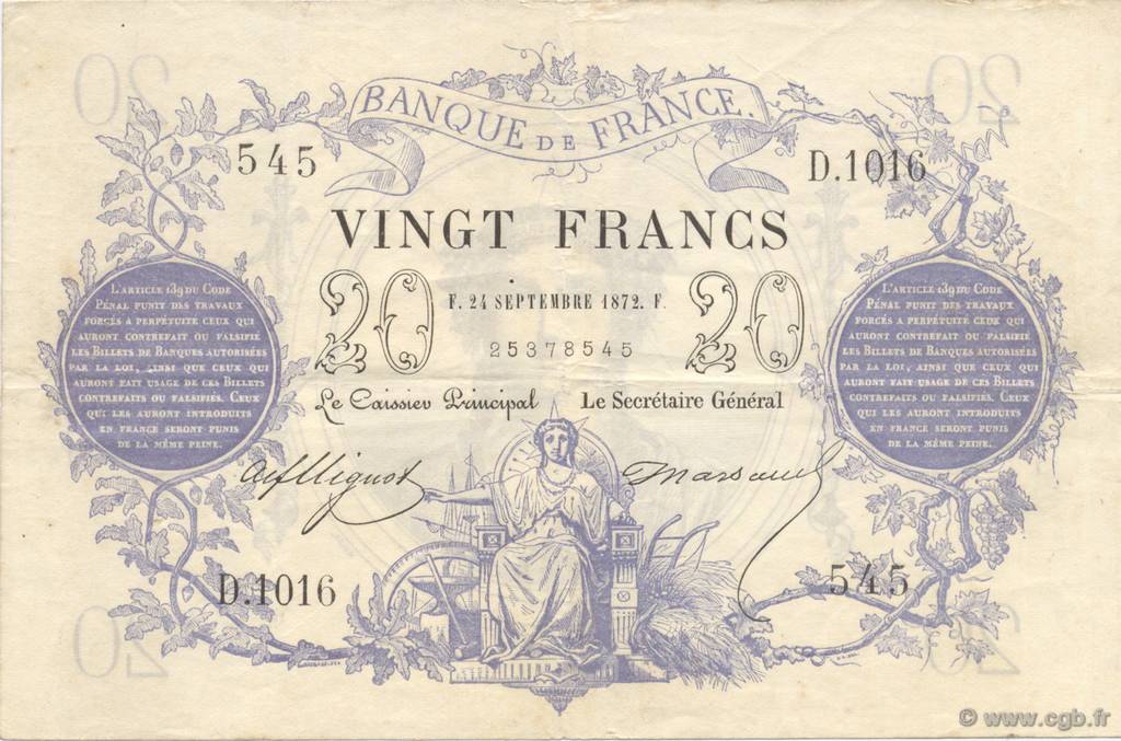 20 Francs type 1871 FRANCE  1872 F.A46.03 TTB