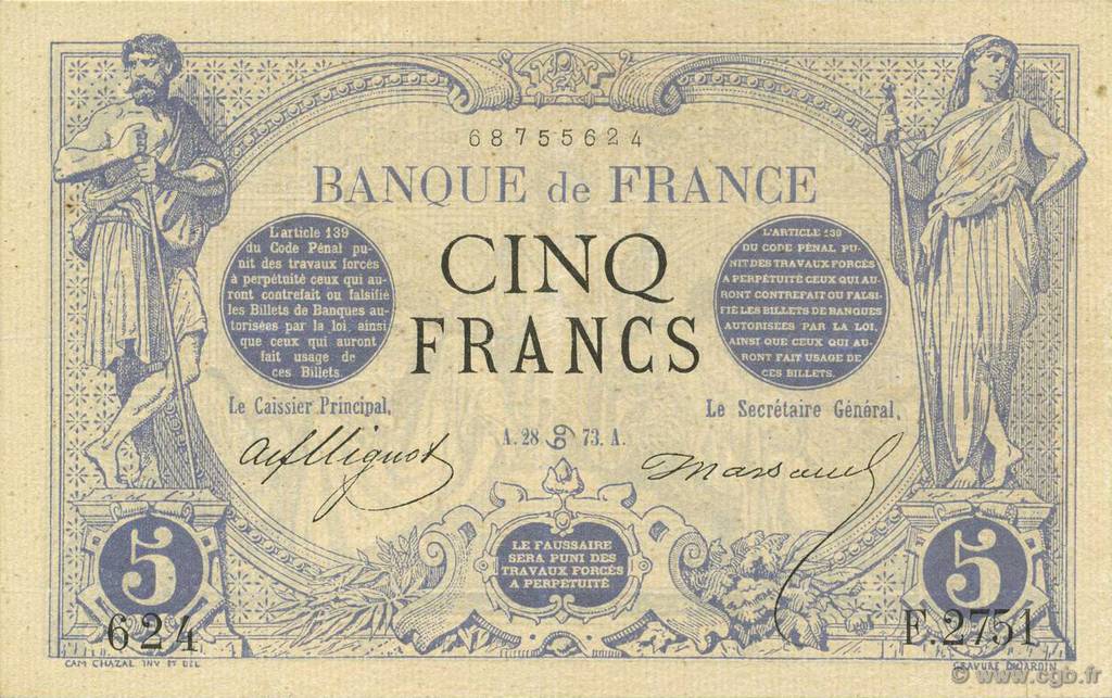 5 Francs NOIR FRANCE  1873 F.01.19 SUP
