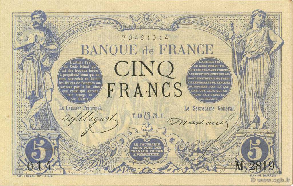 5 Francs NOIR FRANCE  1873 F.01.20 SUP à SPL