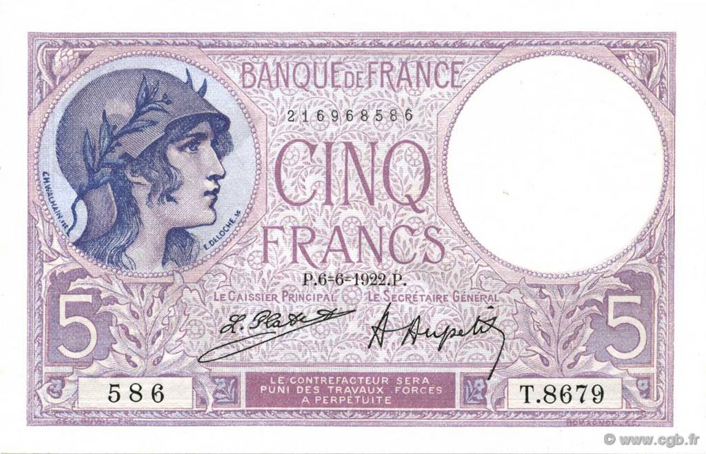5 Francs FEMME CASQUÉE FRANCE  1922 F.03.06 pr.NEUF
