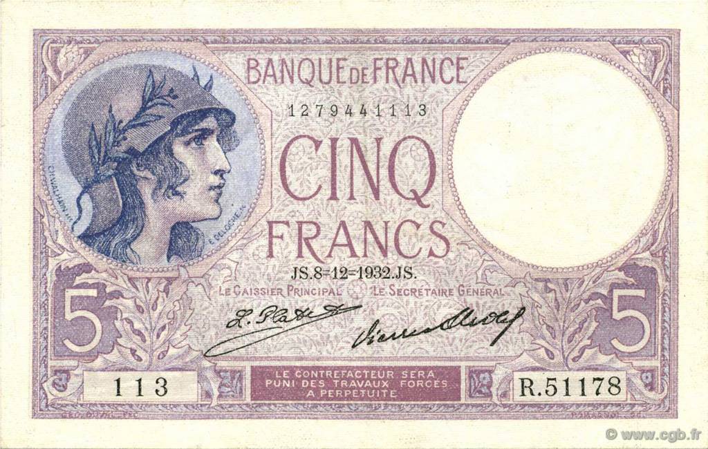 5 Francs FEMME CASQUÉE FRANCE  1932 F.03.16 SPL
