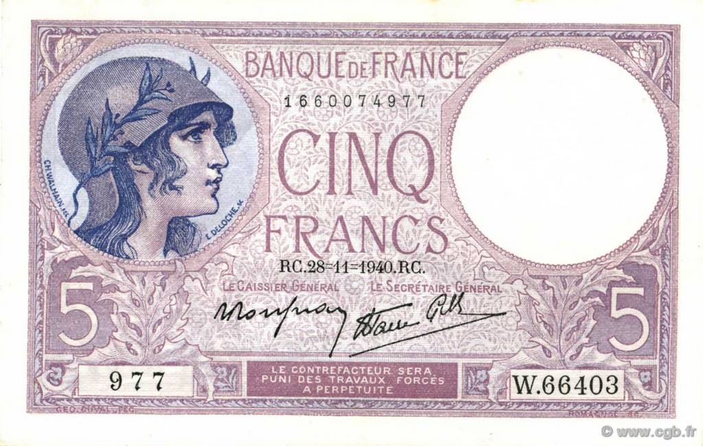 5 Francs FEMME CASQUÉE modifié FRANCE  1940 F.04.15 SPL