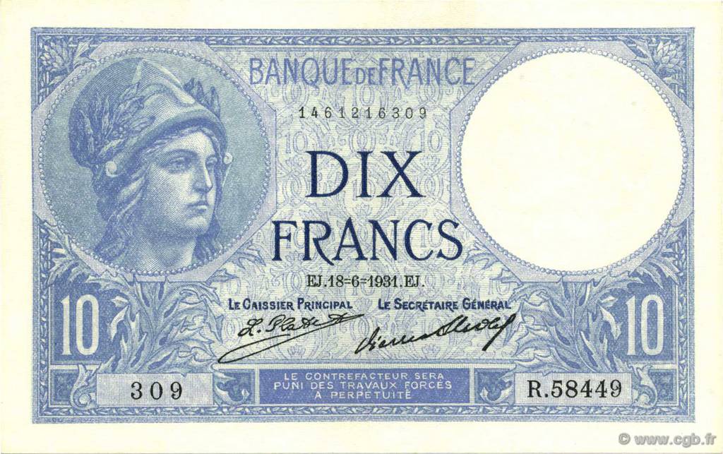 10 Francs MINERVE FRANCE 1931 F.06.15 SPL+