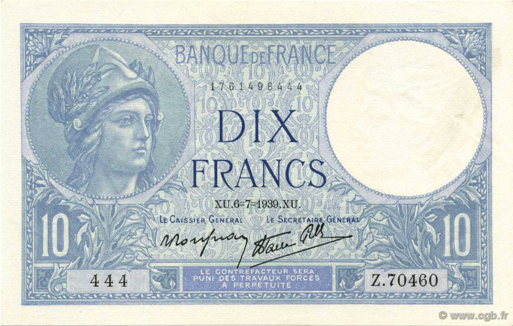 10 Francs MINERVE modifié FRANCE  1939 F.07.04 pr.NEUF