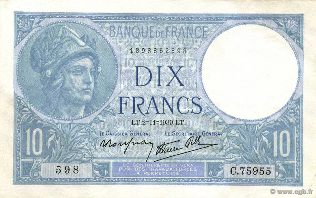 10 Francs MINERVE modifié FRANCE  1939 F.07.14 pr.SPL
