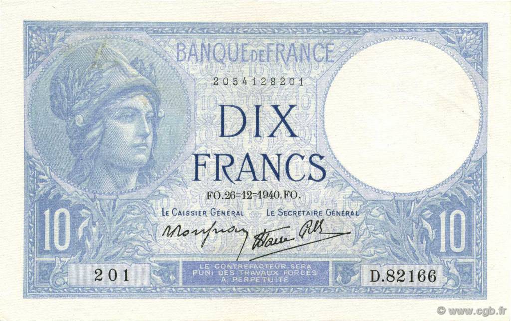 10 Francs MINERVE modifié FRANCE  1940 F.07.25 SPL+