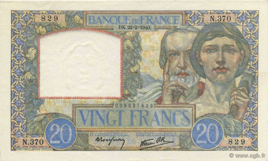 20 Francs TRAVAIL ET SCIENCE FRANCE  1940 F.12.02 pr.SPL