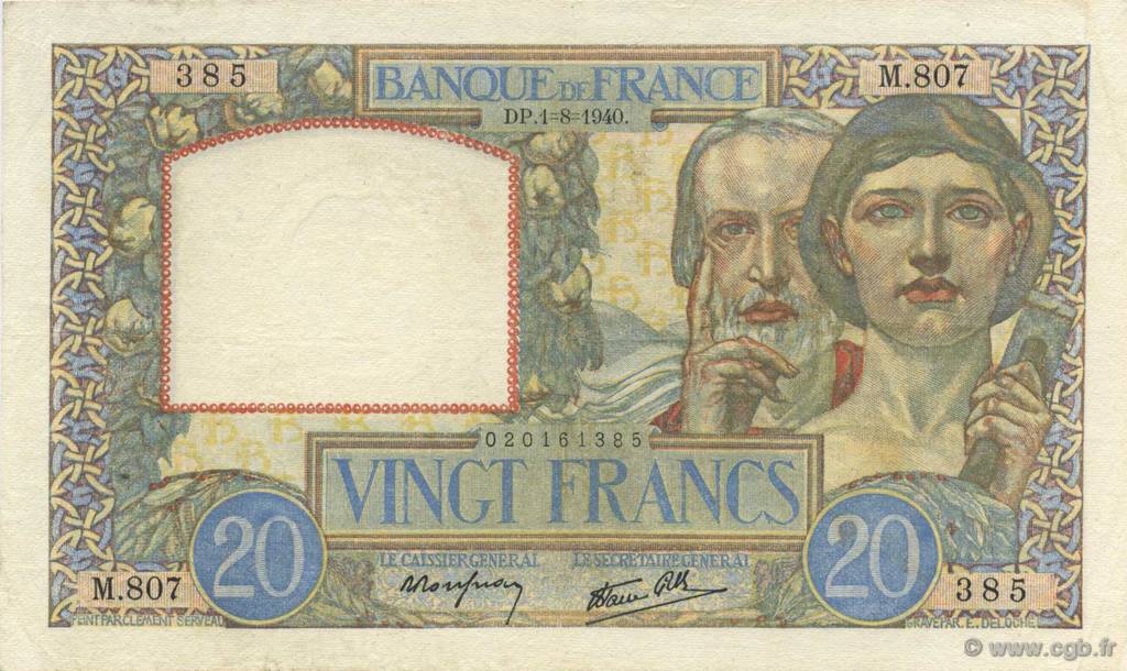 20 Francs TRAVAIL ET SCIENCE FRANCE  1940 F.12.05 TTB à SUP
