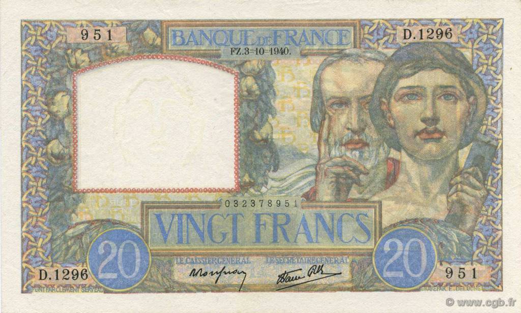 20 Francs TRAVAIL ET SCIENCE FRANCE  1940 F.12.08 SUP+