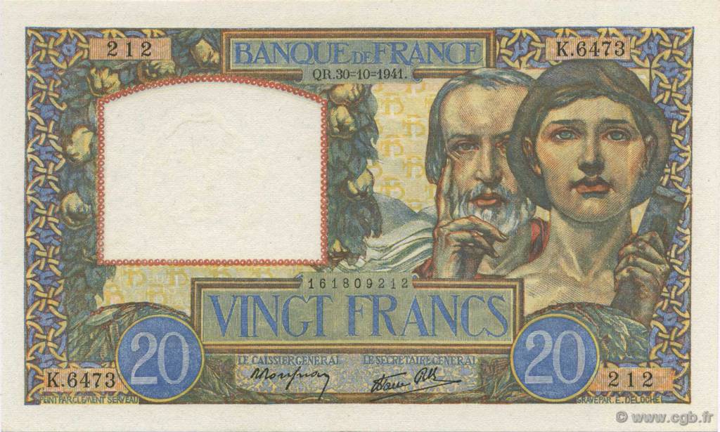 20 Francs TRAVAIL ET SCIENCE FRANCE  1941 F.12.19 SPL+