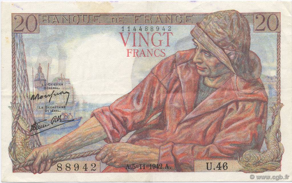 20 Francs PÊCHEUR FRANCE  1942 F.13.04 SUP