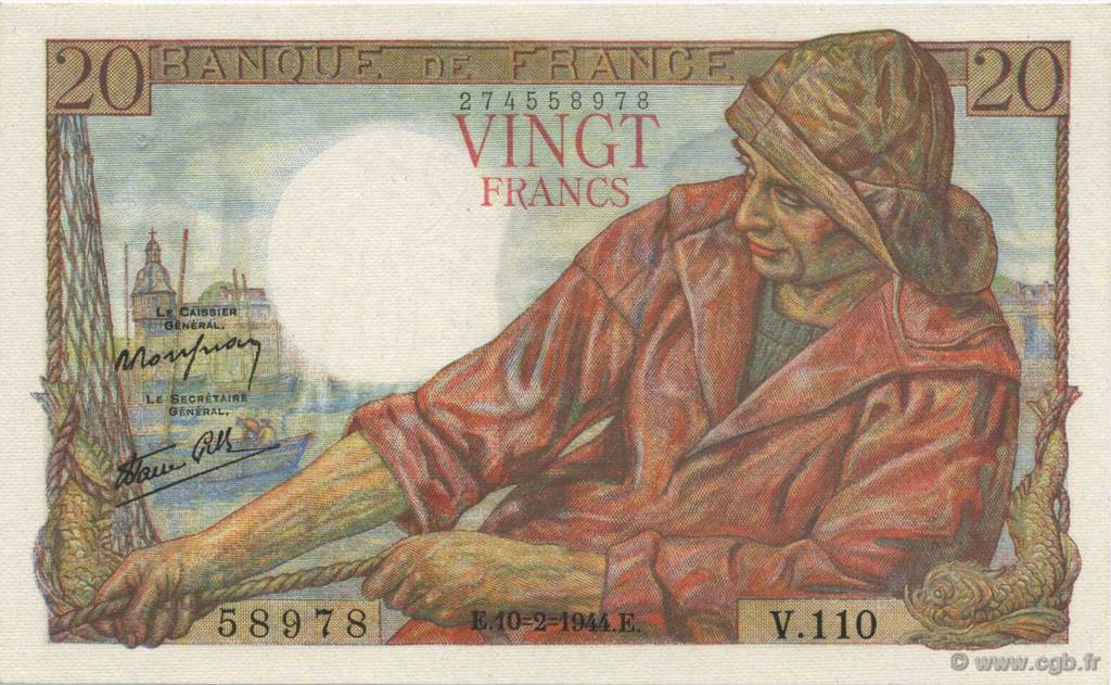20 Francs PÊCHEUR FRANCE  1944 F.13.08 SUP+