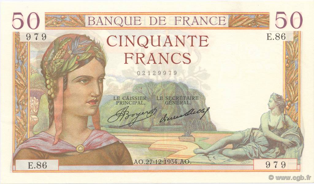 50 Francs CÉRÈS FRANCE  1934 F.17.02 SUP+