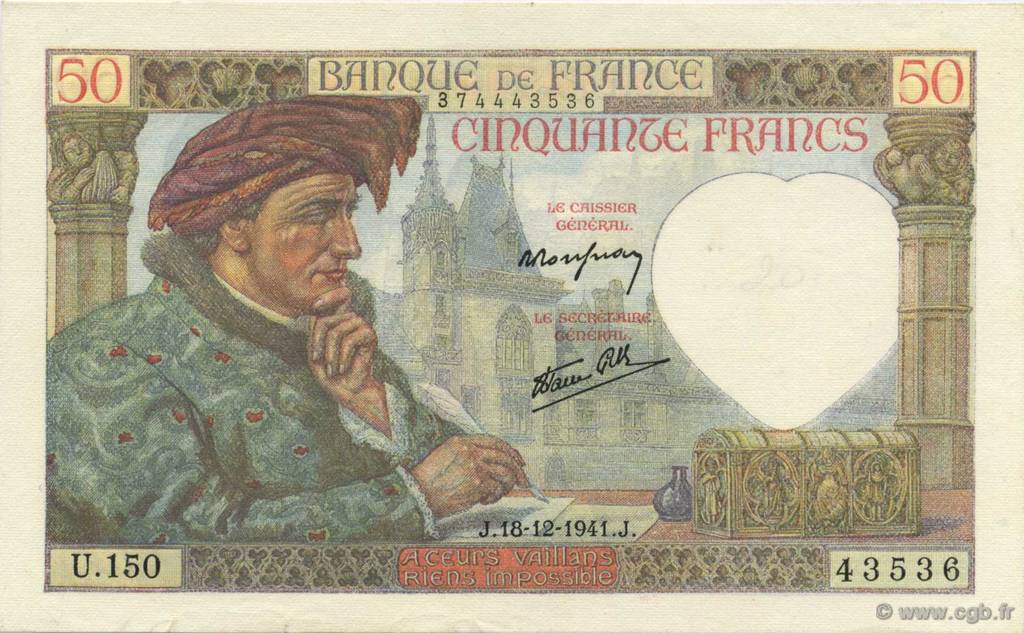 50 Francs JACQUES CŒUR FRANCE  1941 F.19.17 SUP+