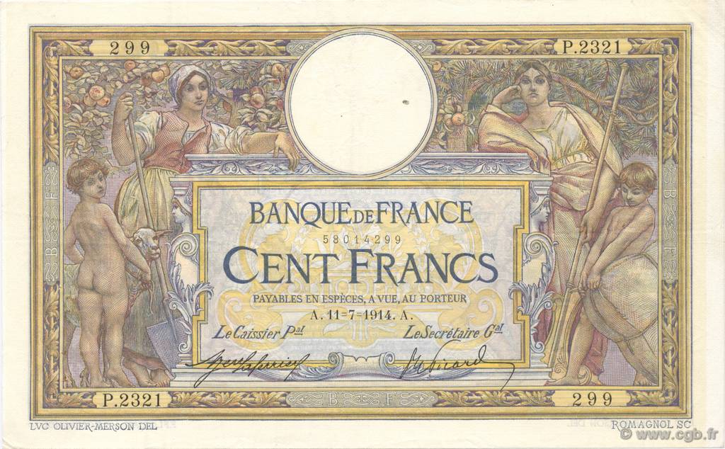 100 Francs LUC OLIVIER MERSON sans LOM FRANCIA  1914 F.23.06 MBC a EBC