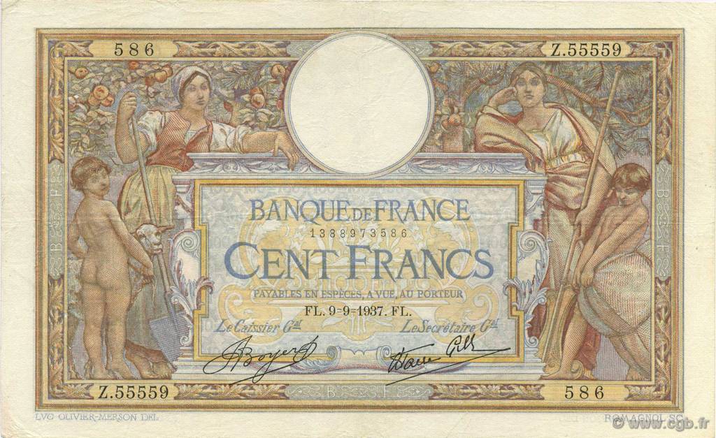 100 Francs LUC OLIVIER MERSON type modifié FRANCE  1937 F.25.01 TTB