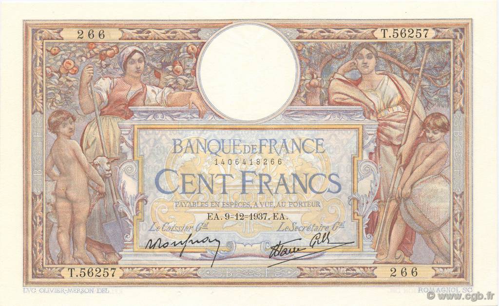 100 Francs LUC OLIVIER MERSON type modifié FRANCE  1937 F.25.05 SUP+