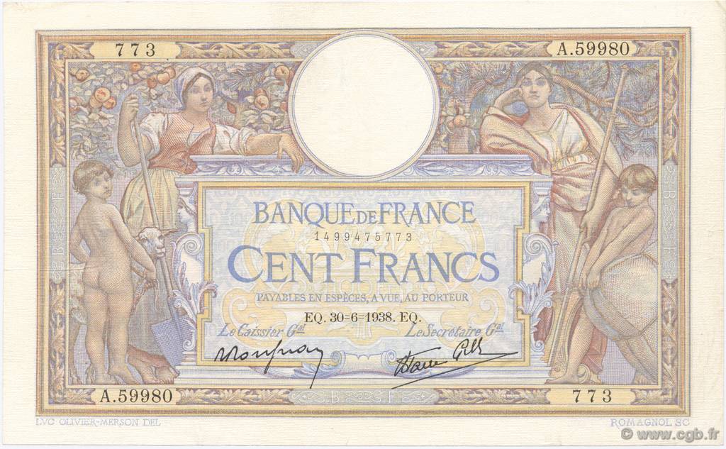 100 Francs LUC OLIVIER MERSON type modifié FRANCE  1938 F.25.24 pr.SUP