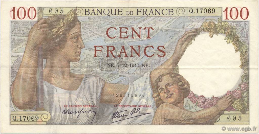 100 Francs SULLY FRANCE  1940 F.26.42 SUP