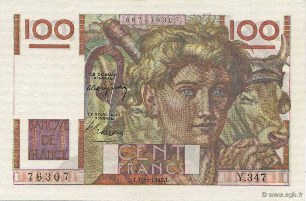 100 Francs JEUNE PAYSAN FRANCE  1949 F.28.24 SUP+