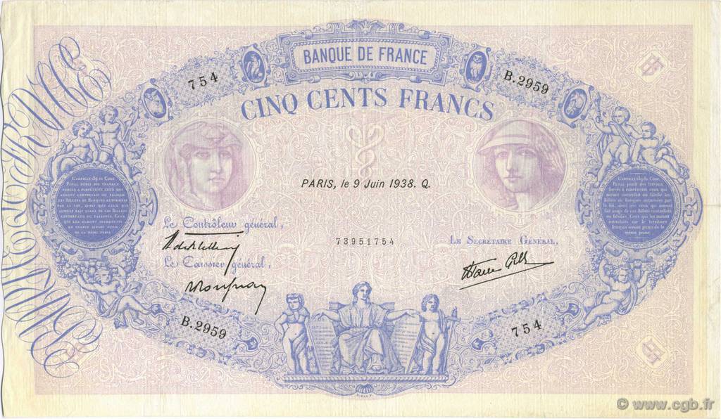 500 Francs BLEU ET ROSE type modifié FRANCE  1938 F.31.14 TTB+