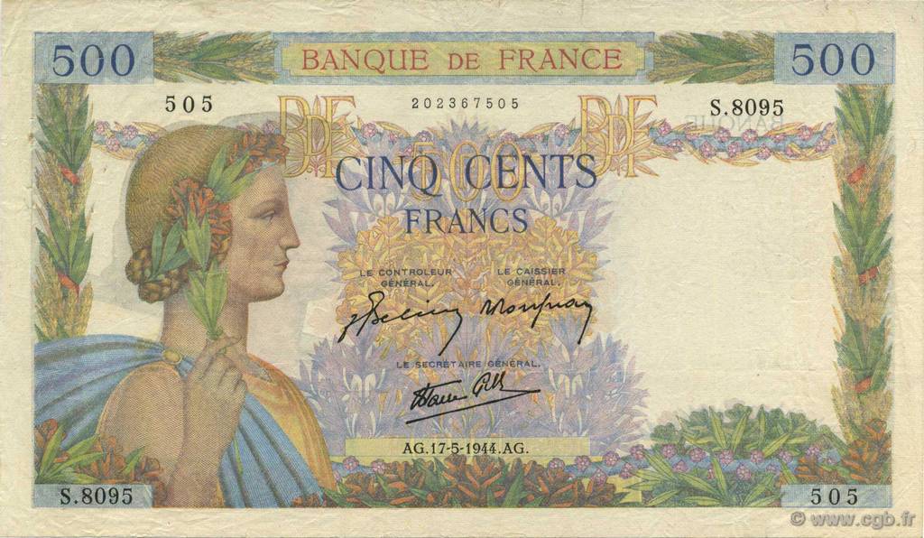 500 Francs LA PAIX FRANCE  1944 F.32.47 TTB