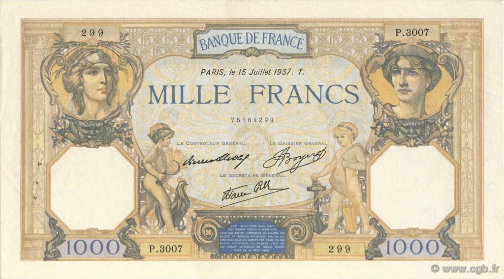 1000 Francs CÉRÈS ET MERCURE type modifié FRANCE  1937 F.38.02 TTB+