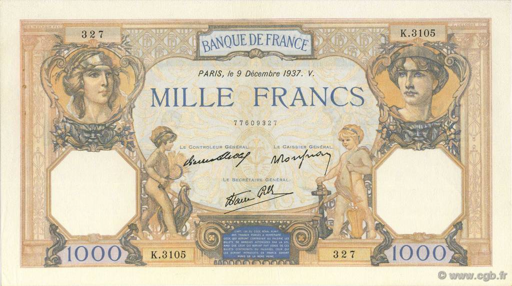 1000 Francs CÉRÈS ET MERCURE type modifié FRANCE  1937 F.38.06 pr.SPL