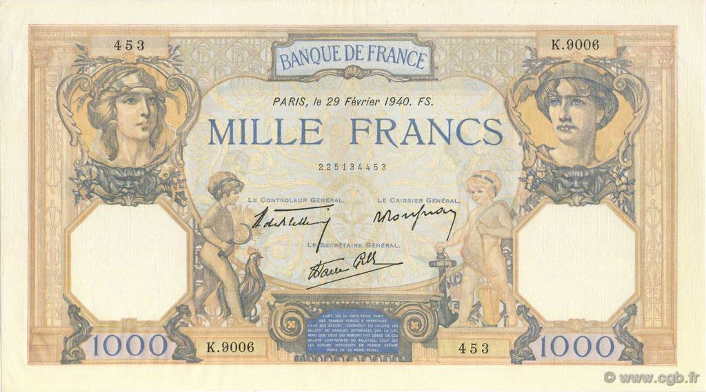 1000 Francs CÉRÈS ET MERCURE type modifié FRANCE  1940 F.38.43 SPL+