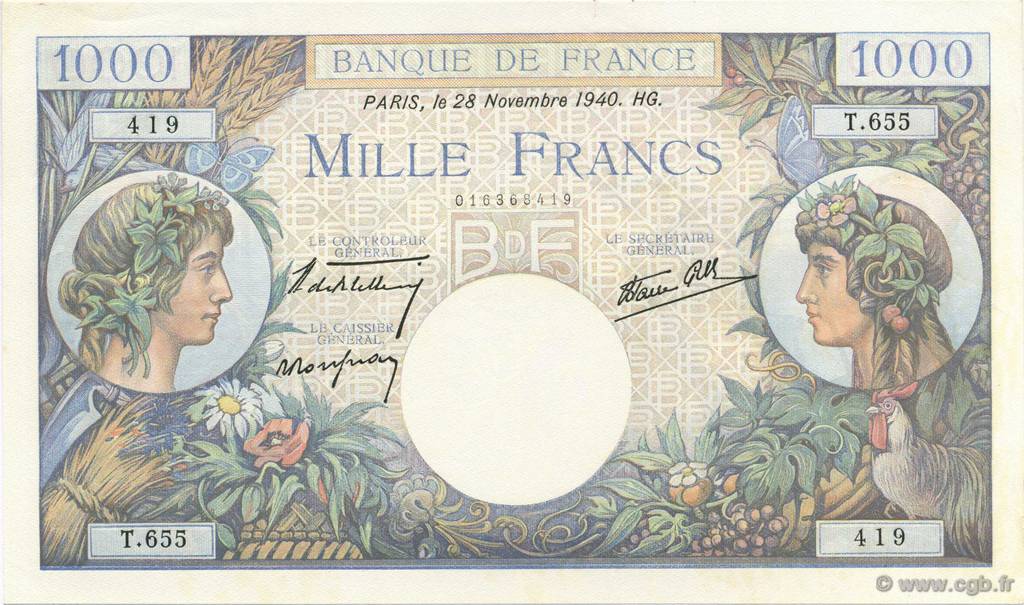 1000 Francs COMMERCE ET INDUSTRIE FRANCE  1940 F.39.02 SPL