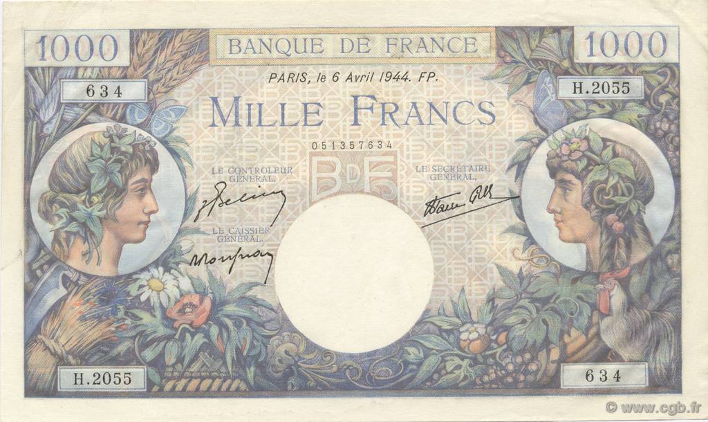 1000 Francs COMMERCE ET INDUSTRIE FRANCE  1944 F.39.05 SPL