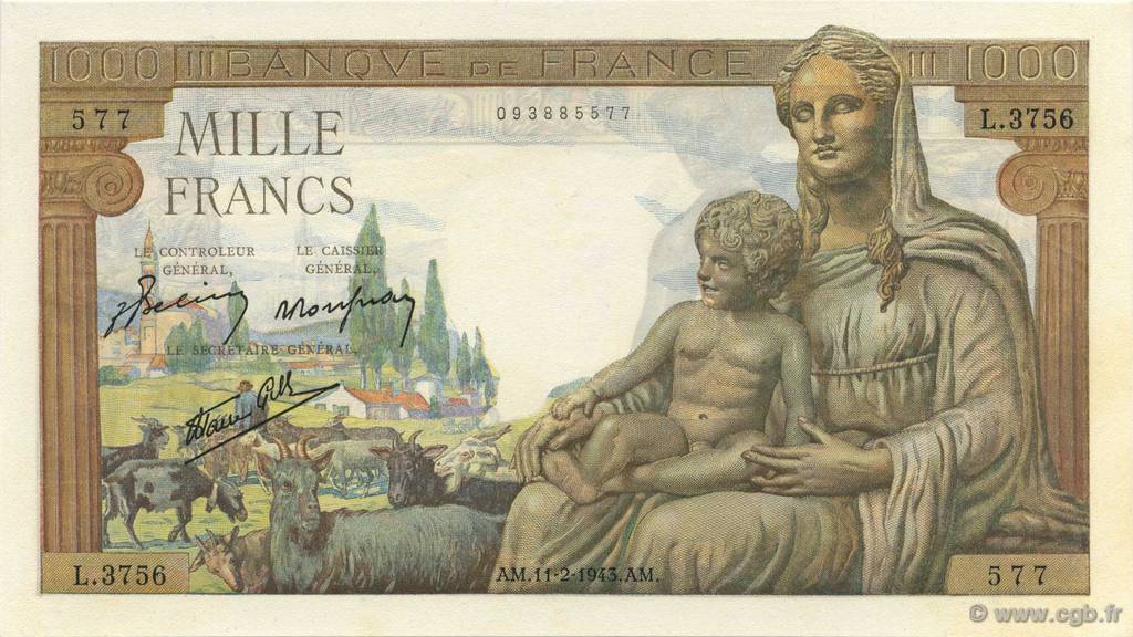 1000 Francs DÉESSE DÉMÉTER FRANCE  1943 F.40.18 NEUF