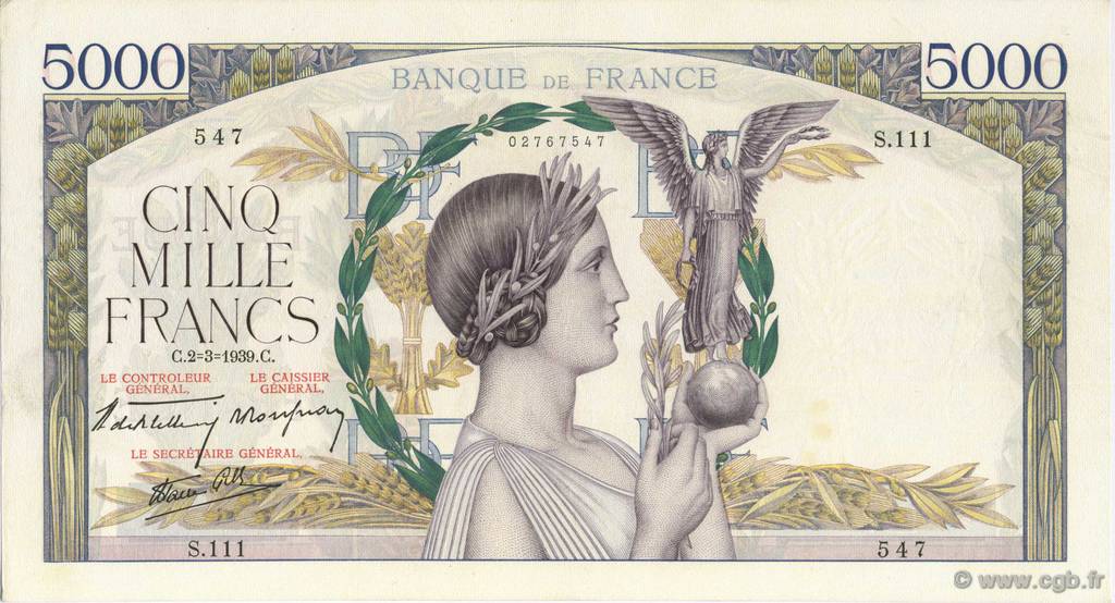 5000 Francs VICTOIRE Impression à plat FRANCE  1939 F.46.03 TTB+